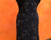 Vintage 1920s Style Downton Abbey Black Beaded Wiggle Party Evening Gown Dress. Great Gatsby