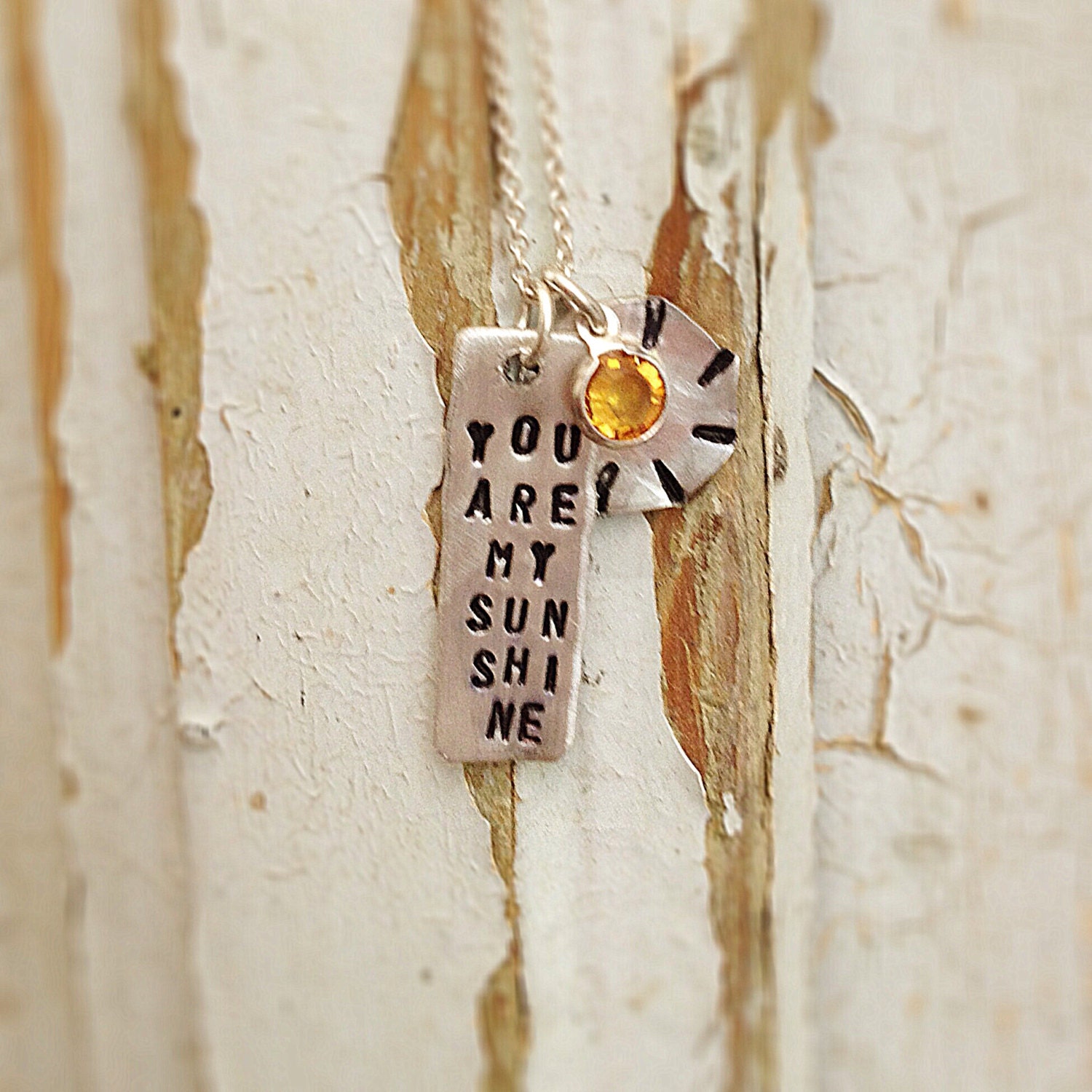Necklace hand stamped You Are My Sunshine with with crystal  "sun"