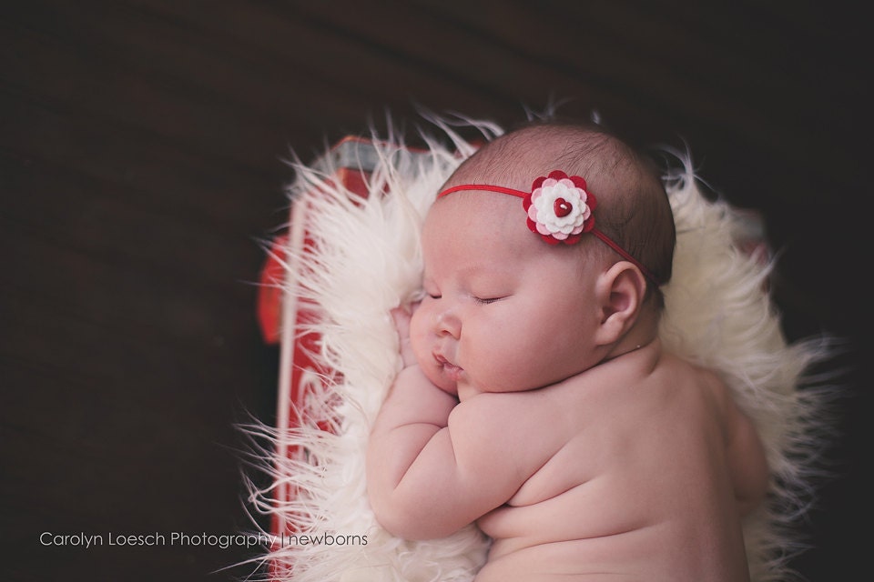 Wool Felt Button Flower Headband - Skinny Elastic - Newborn to Adult- Red Heart