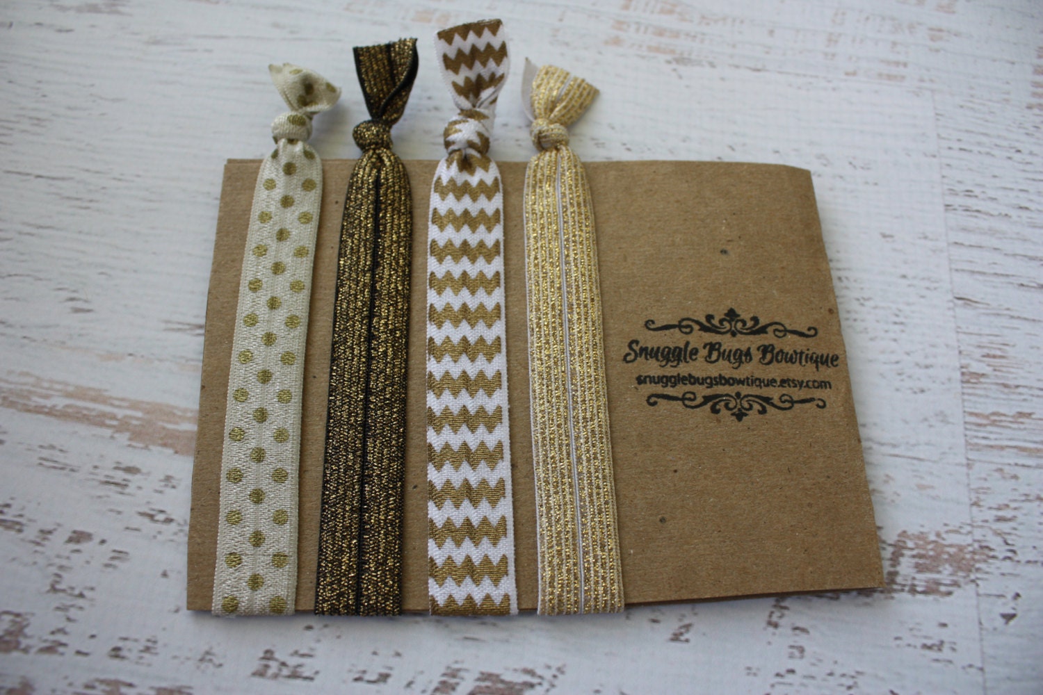 Set of 4  Elastic Hair Ties - Metallic Golds - Ponytail Holders - Chevron, Metallic, Polka Dots