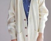 Grandpa Unisex Button Down Cream Sweater. White Button Down and Slouchy Boyfriend Cardigan. Oversized Soft Knit Sweater