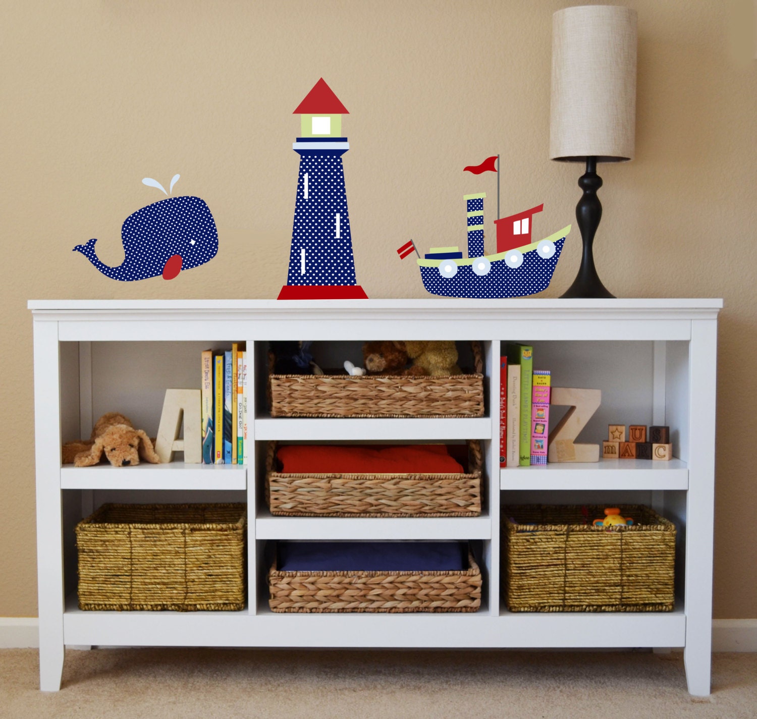 Whale, Lighthouse, Tugboat Decals, Nautical Nursery Wall Decals, Children's Wall Decal,  Vinyl Removable Decal-Set of three