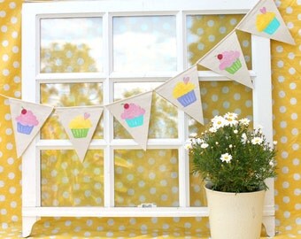 Cupcake Banner - Canvas banner for Birthday Party, Baby Shower, Dessert Table Banner