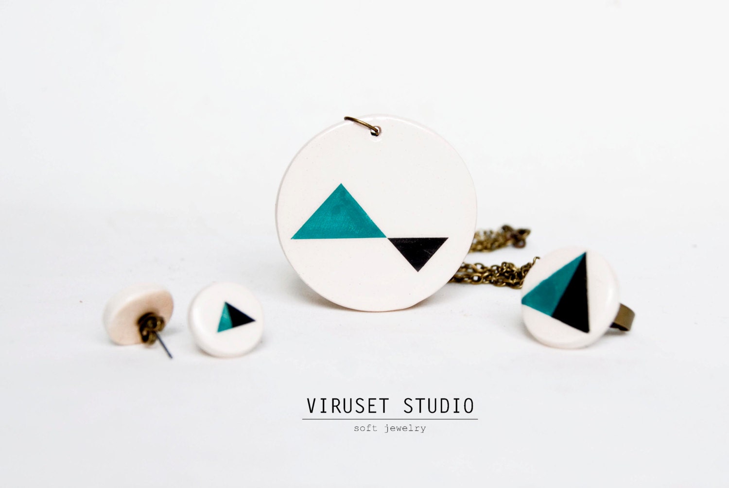 Geometric Ceramic jewelry set: pendant, ring and stud earrings. Geometric ceramic for women.Scandinavian minimalist design by Viruset Studio