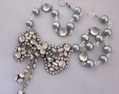 Repurposed Rhinestone Statement Necklace, Gray Pearls, Art Deco Crystals, Assemblage Handmade OOAK Jewelry JryenDesigns