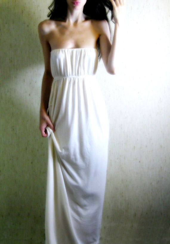 awake - beautiful creamy ivory organic bamboo cotton strapless hippie boho maxi dress sundress small