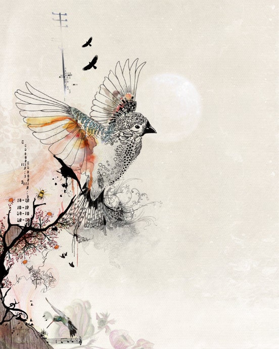 Watercolors paintings Original drawing, Whimsical flying bird art print, Pen and ink