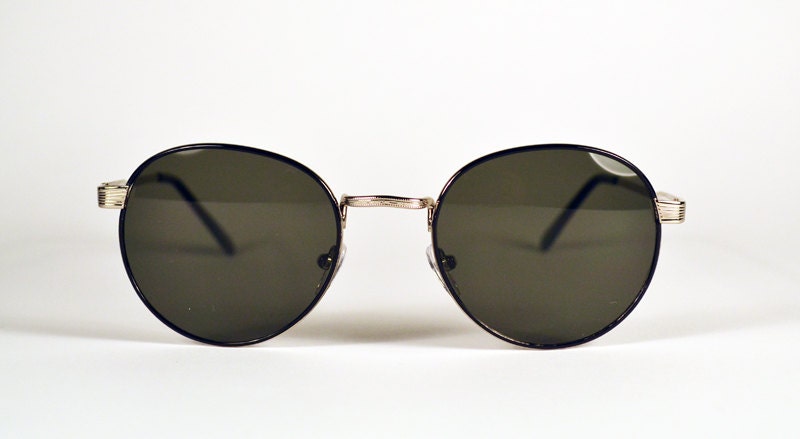 Vintage 80s Black Silver Wire Round Circle Clubmaster Sunglasses