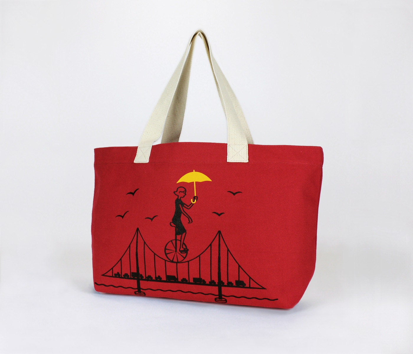 Red Cotton Canvas Tote - "Bridge " Design In Black And Yellow