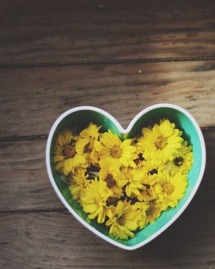 Rustic spring yellow floral print- heart, love, teal, spring, floral, whimsical,  french country, nursery decor, 8x10 print, fine art,