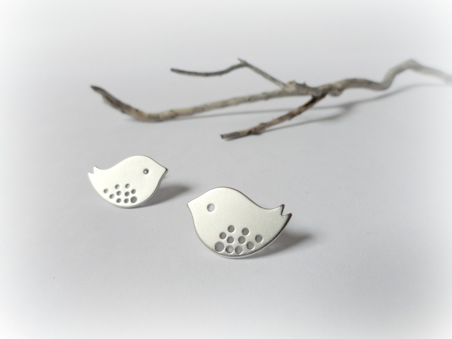 Tweet - Bird earrings - silver tone rhodium plated brass simple small swallow earrings grey woodland gift for her valentine gift idea