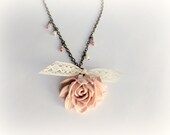 Rosa Canina - Necklace Romantic Resin Rose Flower Soft dusty pink salmon lace bow glass drops pearls Gift for her under 30 spring jewelry