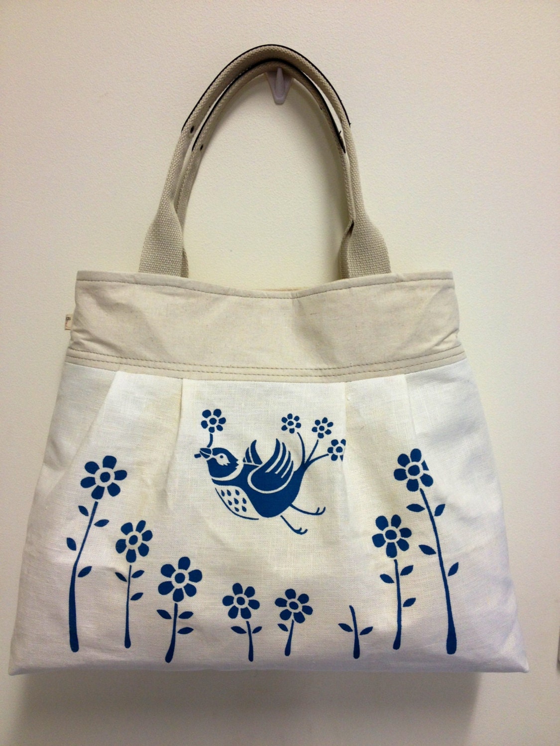 Stunning hand printed blue bird print on natural 100% linen. Original unique bag.