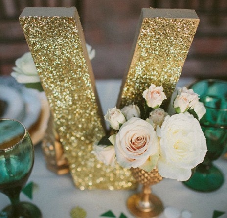 GLITTERED LETTER 8"  Gold, signage, we were Featured on "Wedding Chicks" Black Tie Wedding, Elegant Celebration