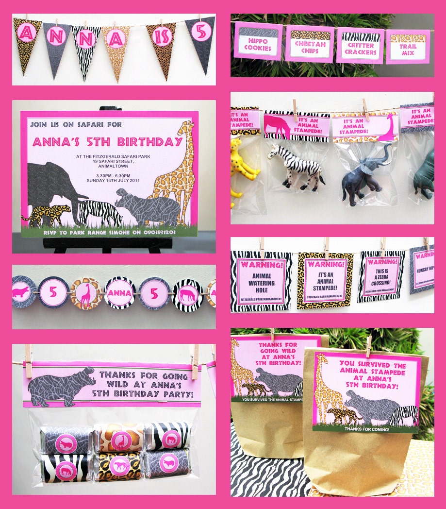 Safari Pink Birthday Invitation & Printable Party Collection, EDITABLE Text PDF file - you personalize at home with Adobe Reader