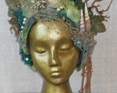 Hand Dyed Mermaid Sea goddess Fantasy Headdress Headpiece tiara hat Crown Shells Pearts Sequins costume