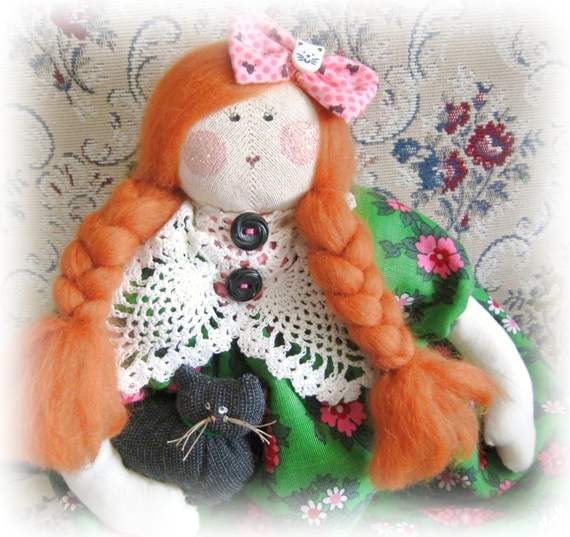 OOAk Art Doll Cloth Doll MISSY MAE Cat 15 inch Handmade Handcrafted CharlotteStyle  SIGNED