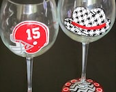 READY TO SHIP University of Alabama Wine Glass Themed Pair of Wine Glasses Helmet or Houndstooth Fedora Chevron Painted Wine Glass