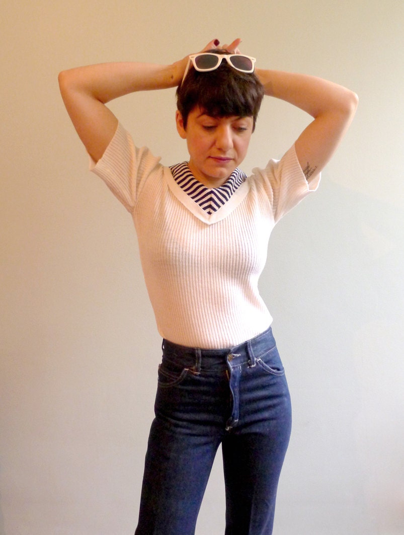 80s white navy striped sailor collar short sleeved sweater S