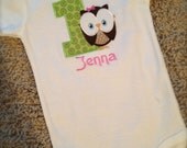 1st birthday owl onesie with name, you choose the colors you'd like