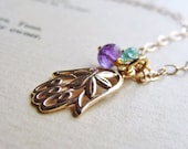 Hamsa Hand Necklace Purple Amethyst Aqua Apatite Gemstone Bronze Pendant 14k Gold Filled February Birthstone GENTLE SPIRIT necklace