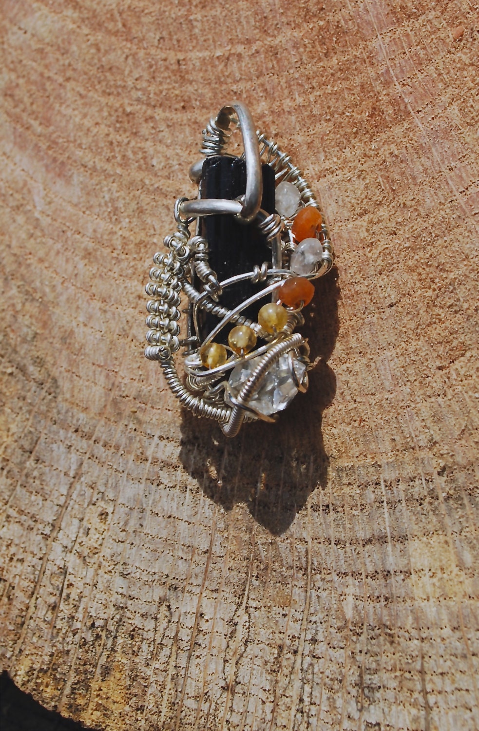 Black Tourmaline and Herkimer Diamond Wire Wrapped Pendant in Sterling Silver