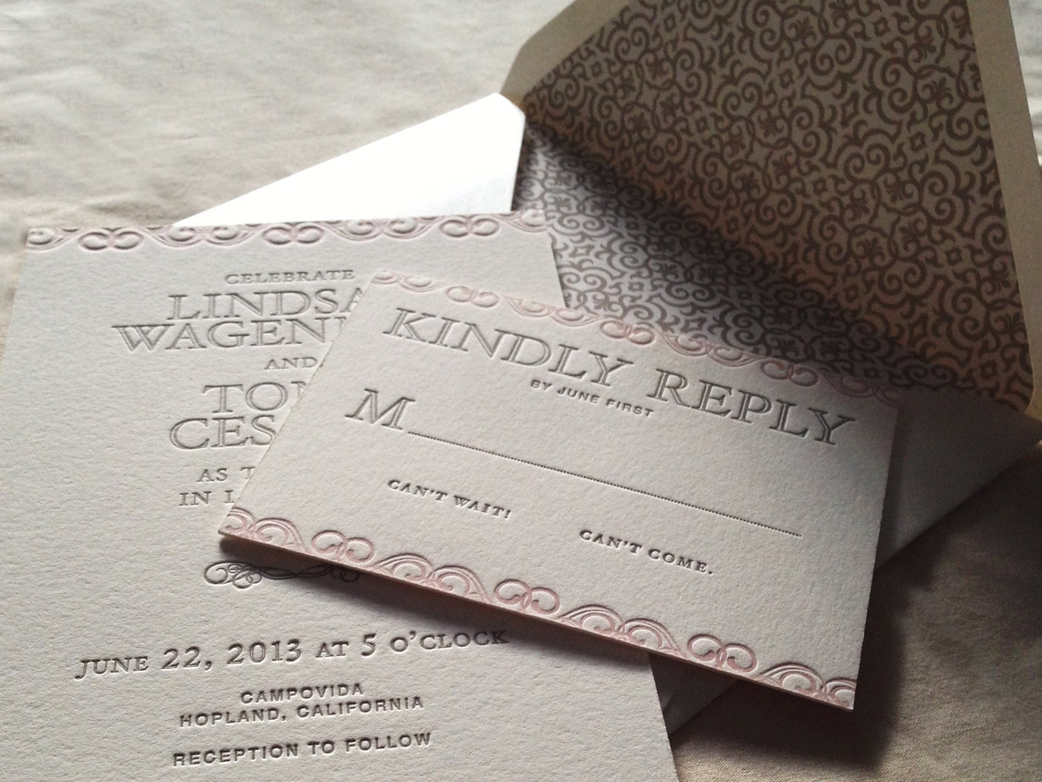 Letterpress Wedding Invitations with Pink Scroll and Gray Lettering