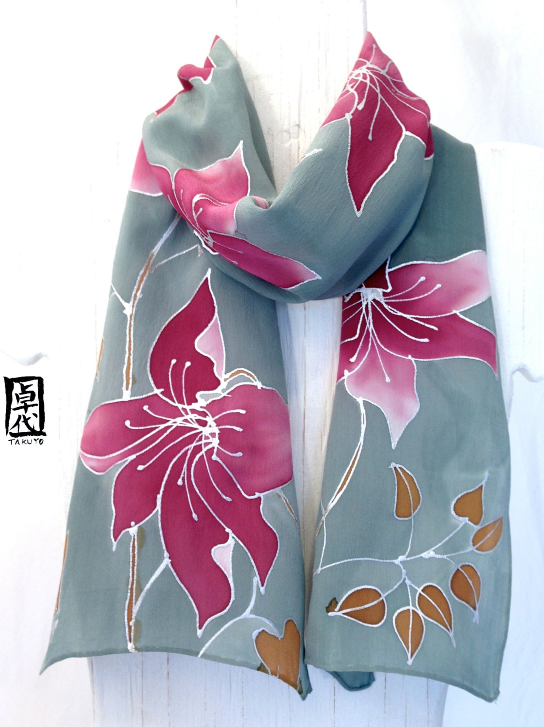 Hand Painted Silk Scarf. Burgundy Red Clematis Vine Floral Scarf. Gray Green Silk Scarf. Japanese Scarf. 7.5x52 in. Made to order.