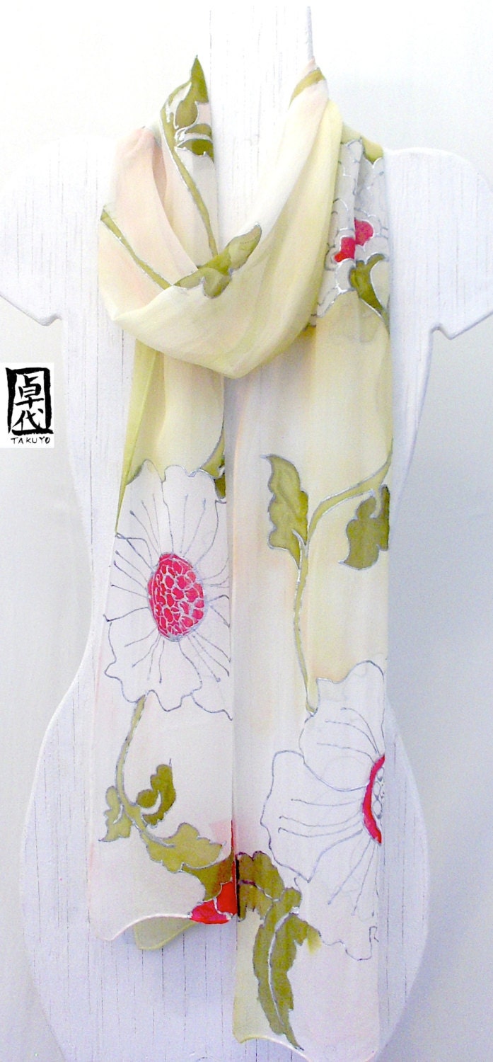 Hand Painted Silk Scarf. Japanese Hana Flowers Kimono Scarf. Long Silk Scarf, Green Silk Scarf. 11x88 in. Made to order.