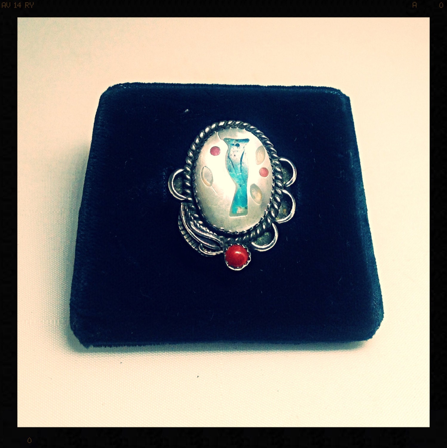 Vintage Navajo Native American Turquoise Blue Bird Mother of Pearl Coral Stone Inlay Feather Sterling Silver Ring