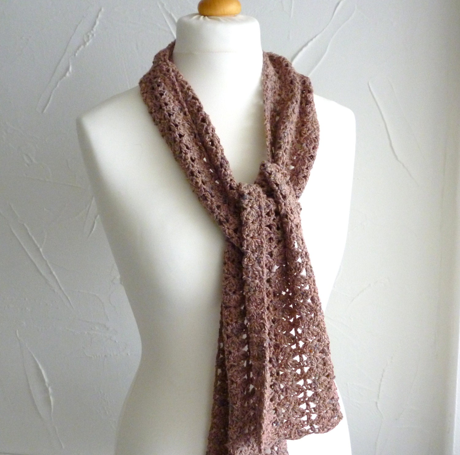 crochet scarf - recycled silk cotton viscose yarn - coral - sienna - terracotta - eco friendly