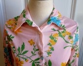 Vintage 70s Polyester Ladies Pink Flowered Shirt - S/M