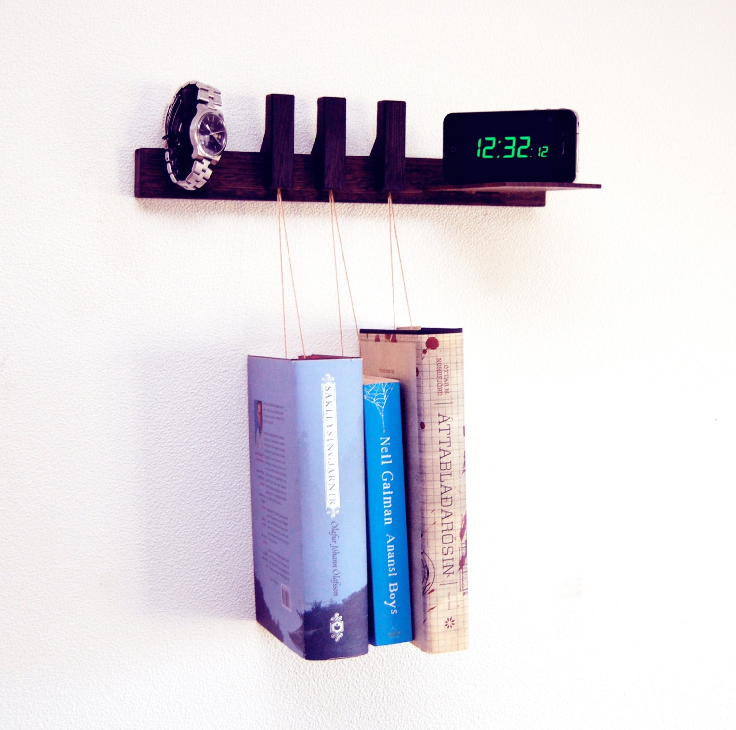 Nightstand in Wenge. Floating bedside table. Hanging bedside rack.