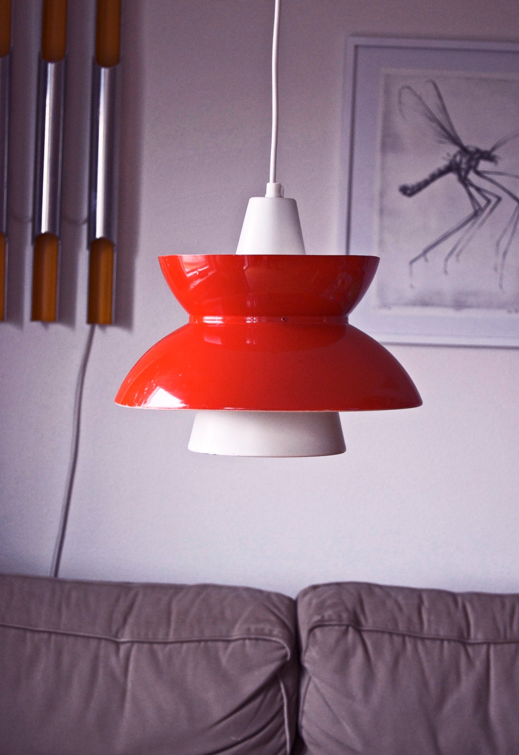 1950s Vintage Danish Navy Pendant. Søværnspendel. Louis Poulsen. Shiny red and white aluminum.