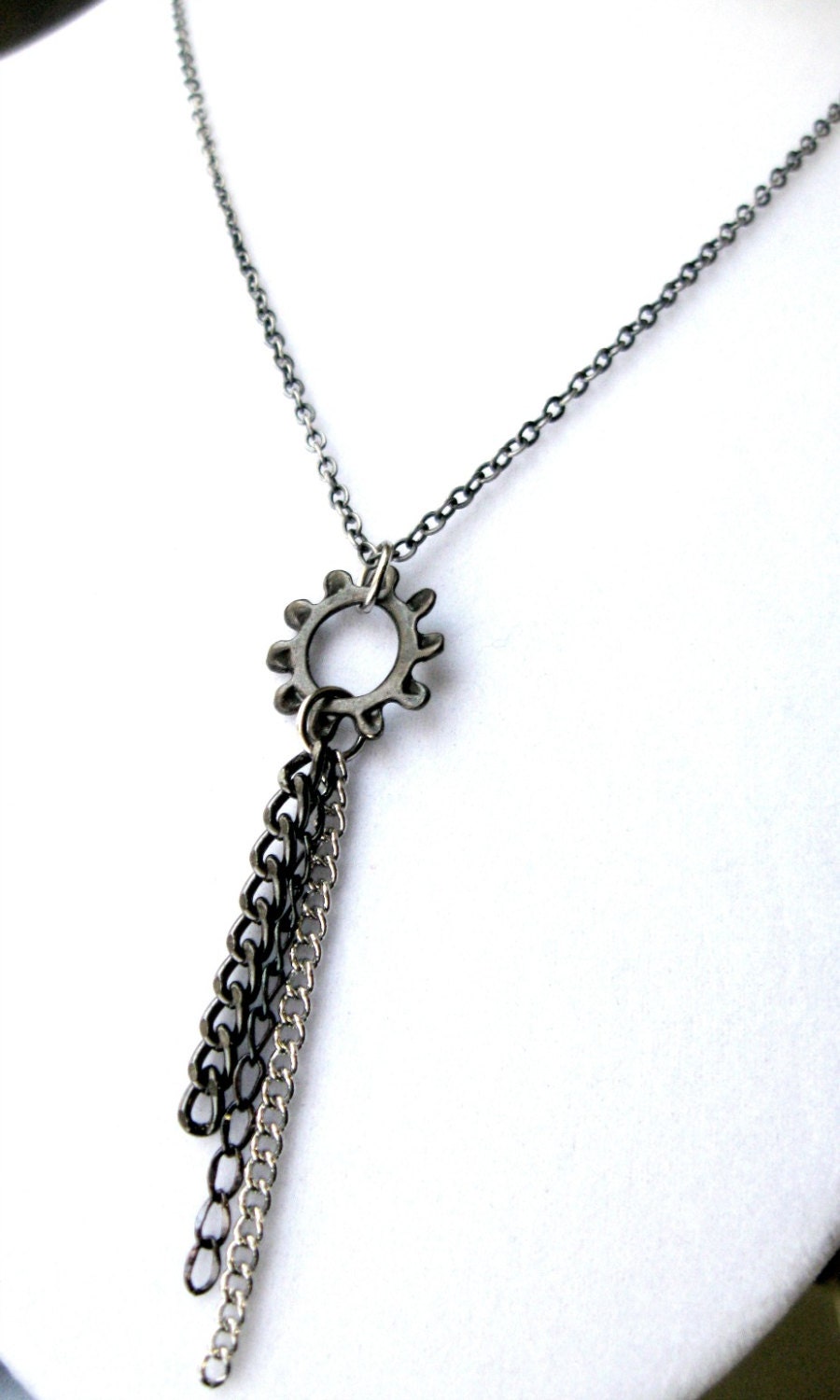 Jewelry Mixed Metal Necklace with Tricolor Fringe and Steampunk Gear - Steampunk Jewelry