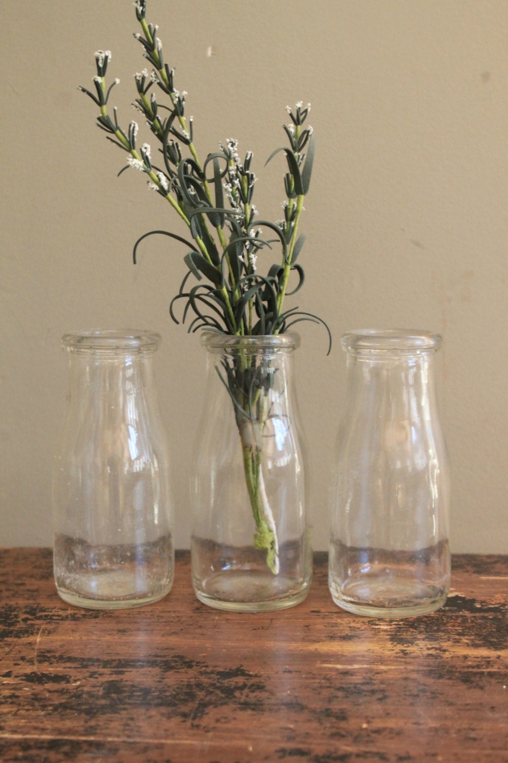 Instant Collection Set of Three Vintage Glass Half Pint Milk Bottles
