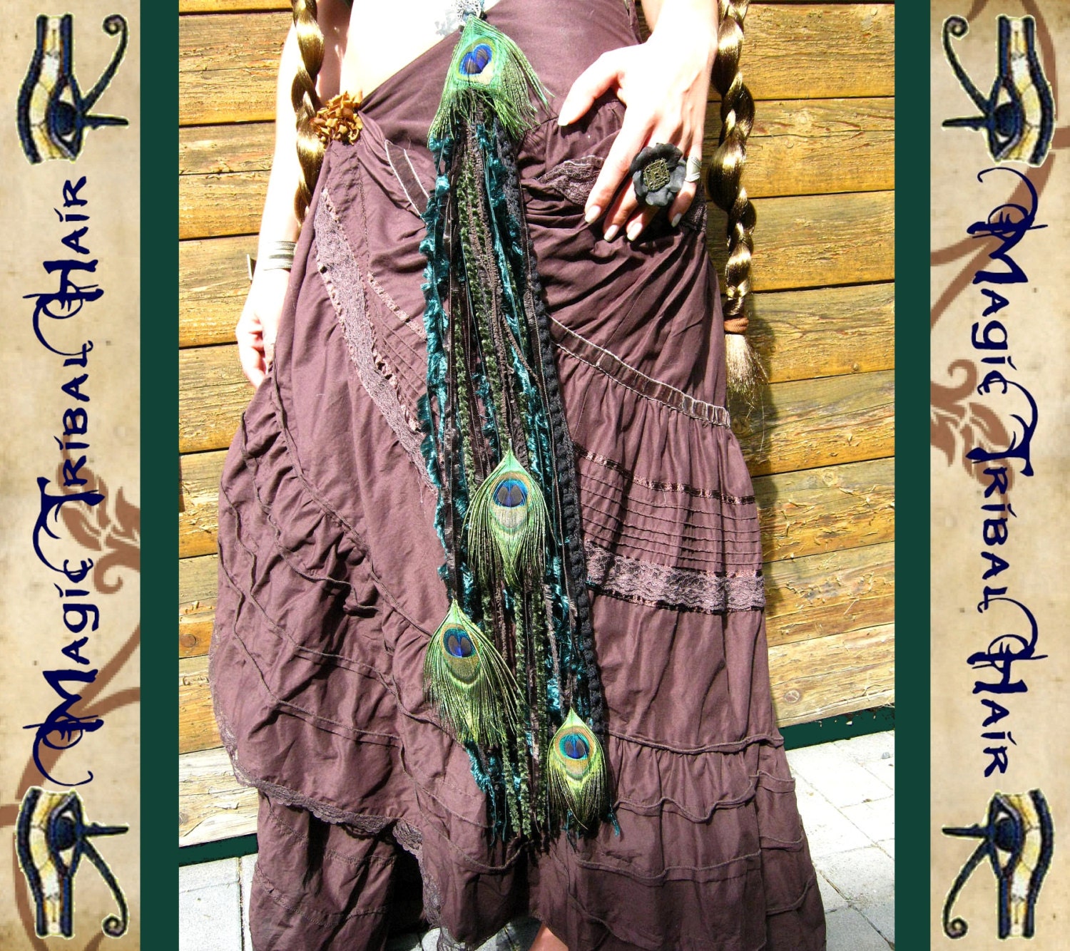 Fairy pixie elf PEACOCK FEATHER yarn falls TASSELS for hip scarf & wrap skirt Fantasy hair extensions Tribal Fusion Belly Dance costume Larp