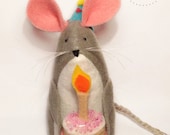 Birthday mouse figurine / cake topper / ornament  / decoration hamster - OOAK felt mouse - cute - Birthday gift - felt mice