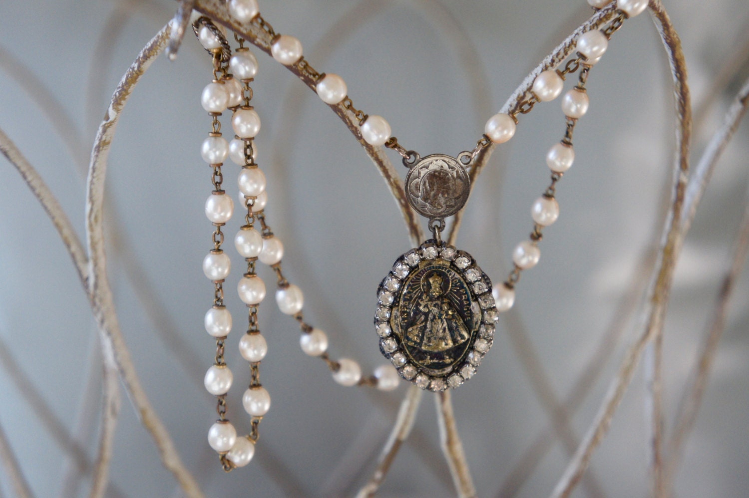 Vintage assemblage necklace religious medal Infant of Prague rhinestones rosary chain assemblage jewelry - Faith by French Feather Designs.