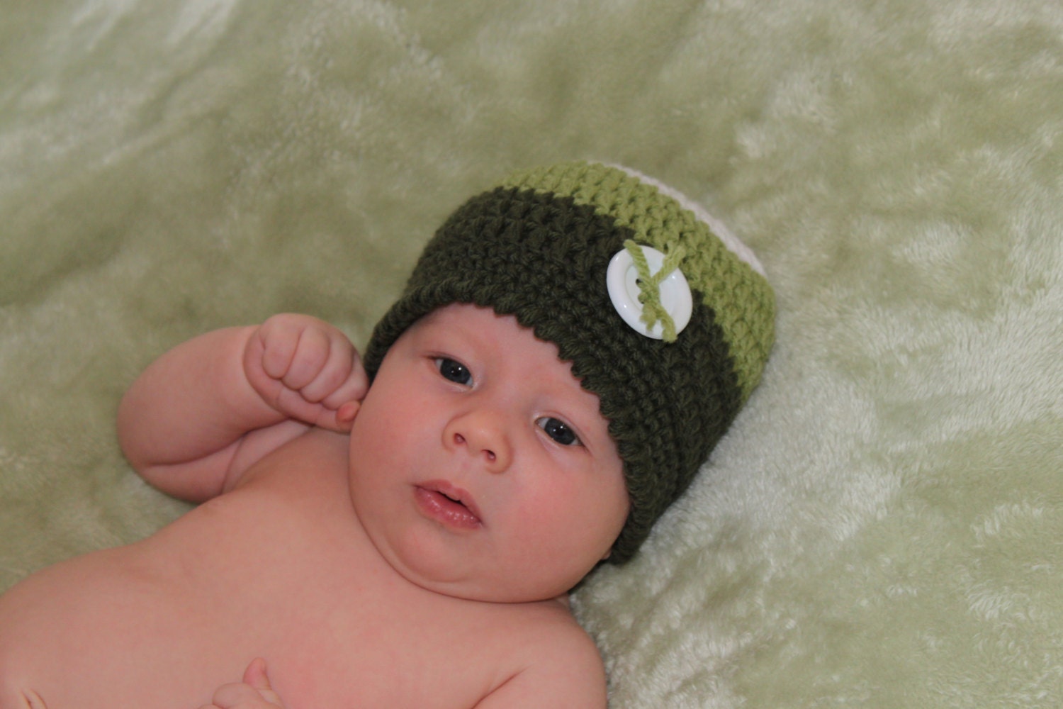 Crochet  Beanie Button Hat for Boy - NEWBORN  or  0-3 mo - Ready To Ship