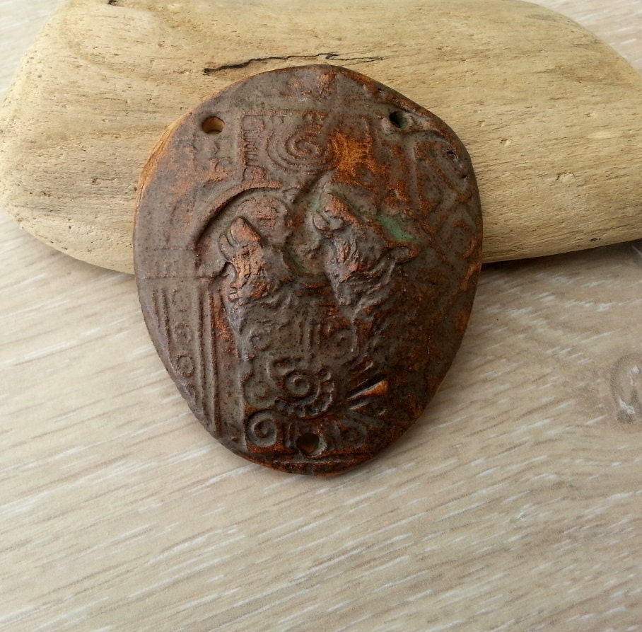 Shield of  protection Tribal  WOLF Totem  statement ceramic pendant  art bead