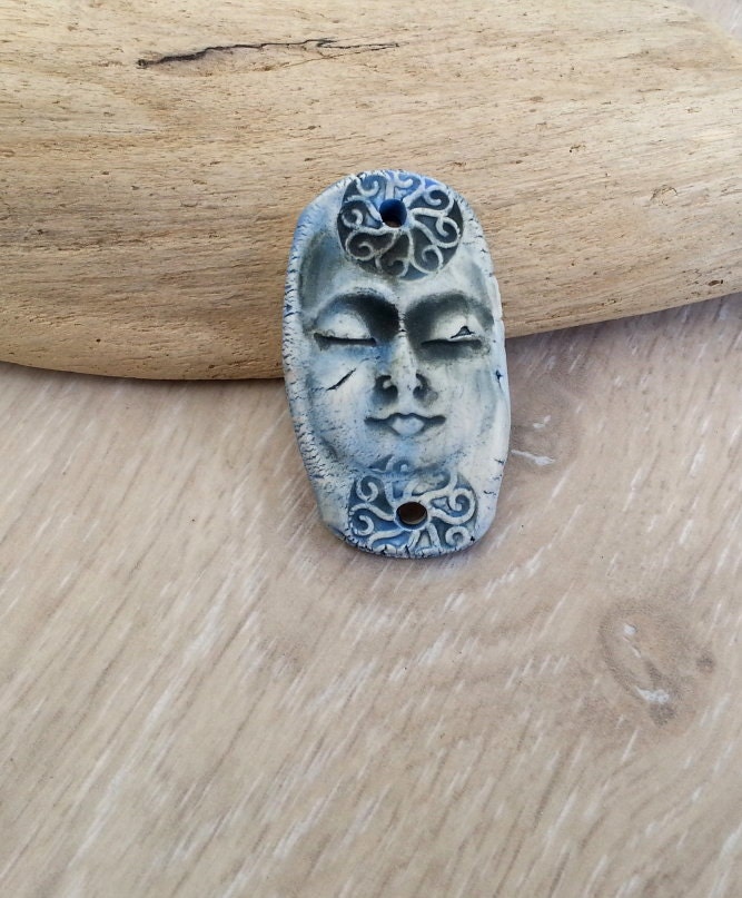 Yoga inspired face pendant in blue  ceramic art bead