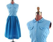 Vintage 1950's Blue Cotton Colorblock Rockabilly Ditsy Floral Embroidery Dress L