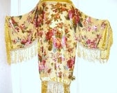 SALE boho Vintage burnout  velvet silk fringed floral deco kimono