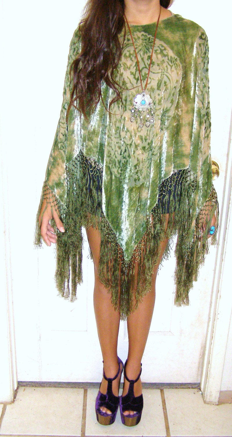 Vintage sage  tie dye BURNOUT velvet fringed poncho top