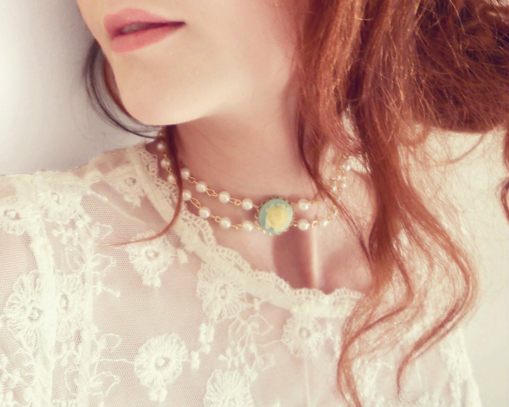 Faux pearl necklace with rose cameo . two strand . Antoinette