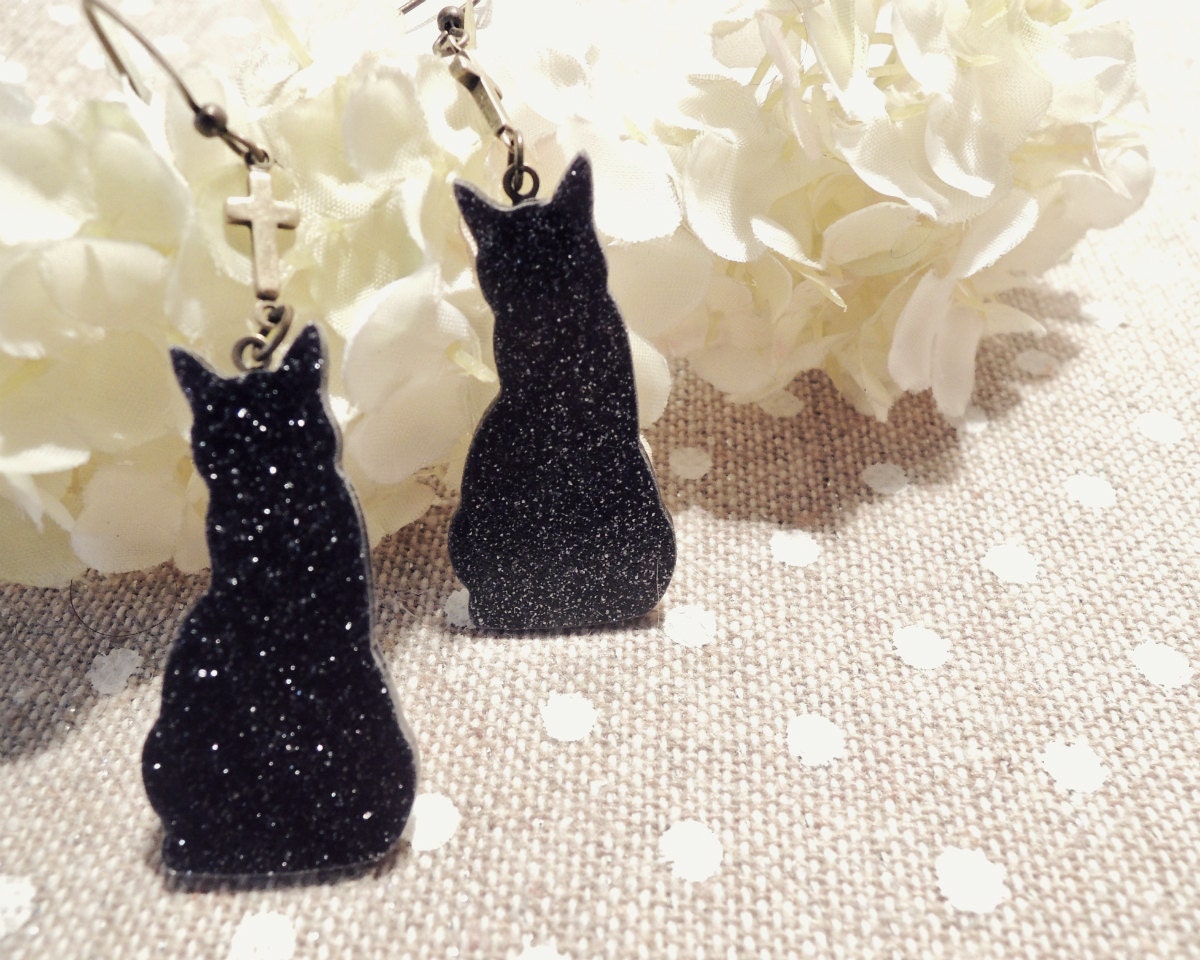 Cat earrings with cross and glitter . black . Monsieur Chat