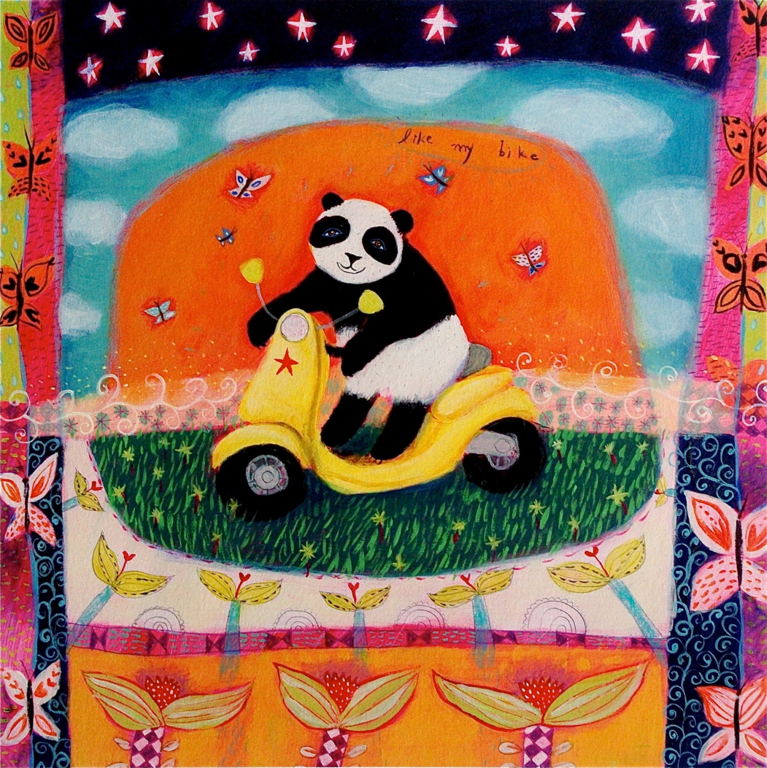 Panda and Scooter - Like my Bike - limited edition giclee on paper/panda art/cute/childrens decor/whimsical