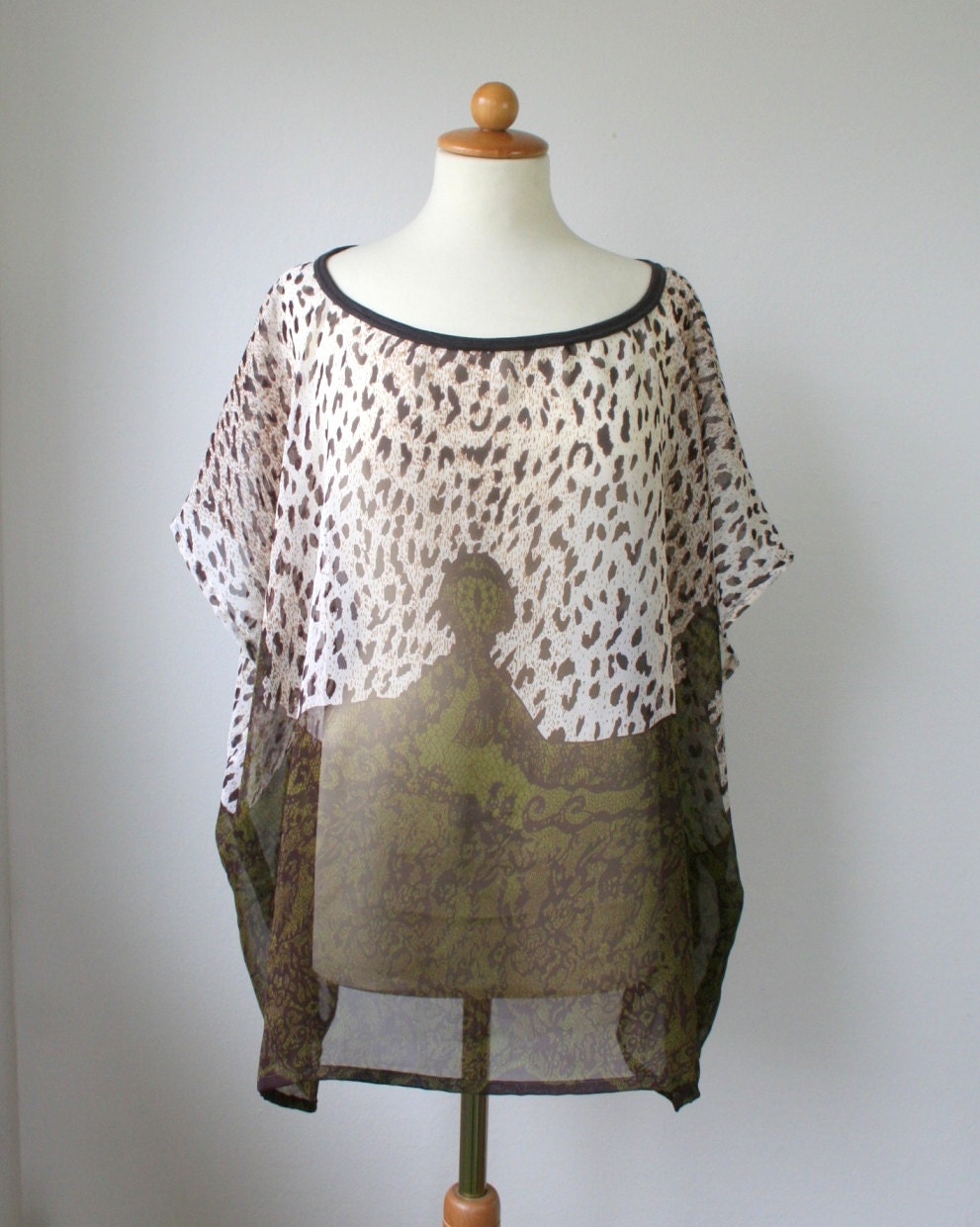 Summer chiffon top, oversized blouse, box tshirt, one size, brown khaki green cream beige, animal print // lace print, sheer
