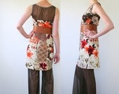 BARA mesh panel dress, metallic brown mesh, floral stretch cotton jersey in brown and orange tones, A shape dress